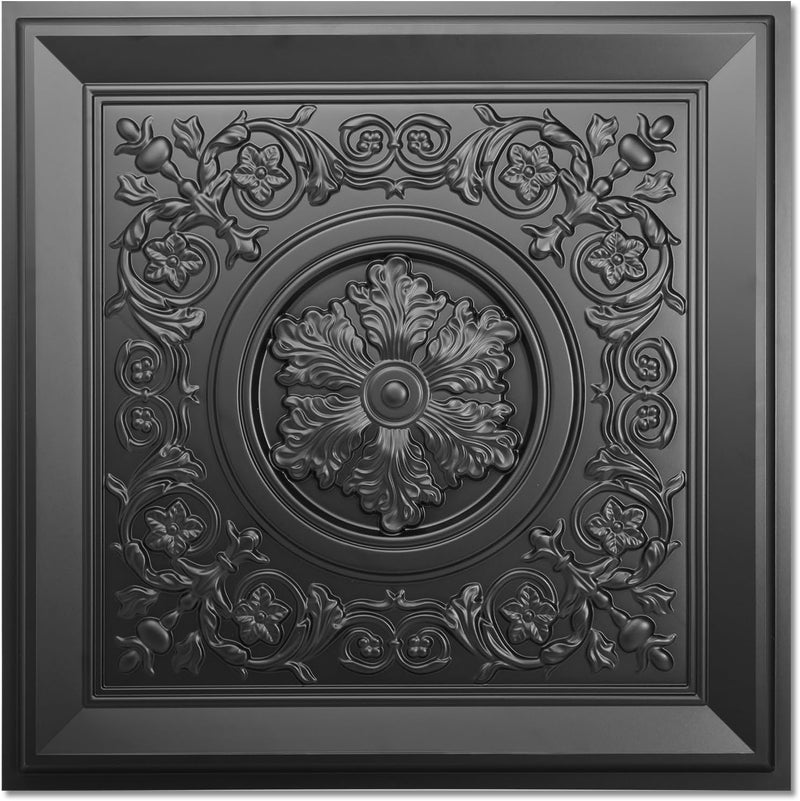 WOWSTAR 12-Pack 24"x24" Drop Ceiling Tiles, Waterproof Glue Up Vintage Style 3D Ceiling Tiles, Black - Image 1